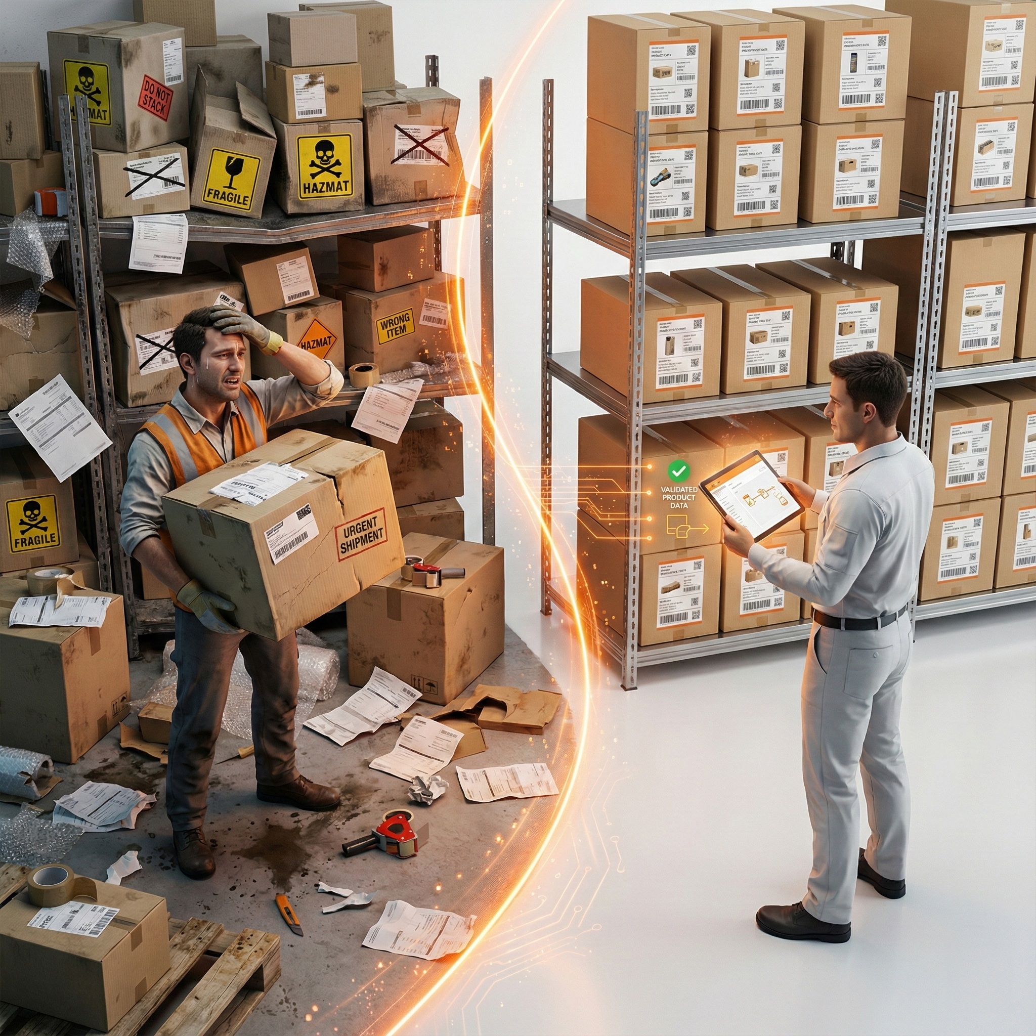 Konzeptbild: Chaos durch falsche Inhalte vs. Ordnung durch validierte Inhalte